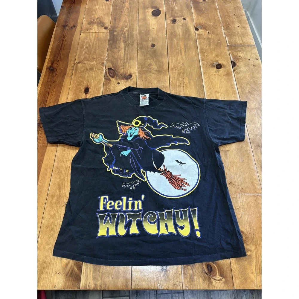 Vintage 90s Happy Halloween Feelin' Witchy T-Shirt Men's XL Black Graphic Tee